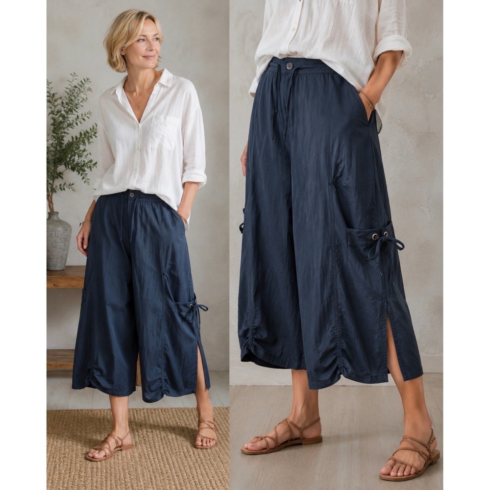 XCVI Mind Set Wide Leg Cargo Crop Pants XL Blue Boho Lagenlook Gaucho artsy